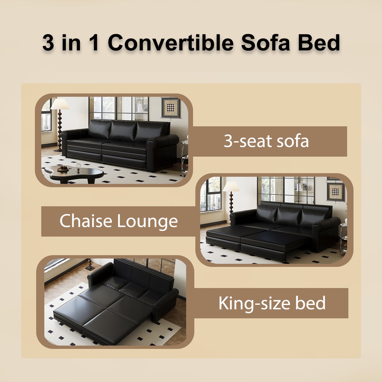 Black leather seat sofa with studded details and plush cushions