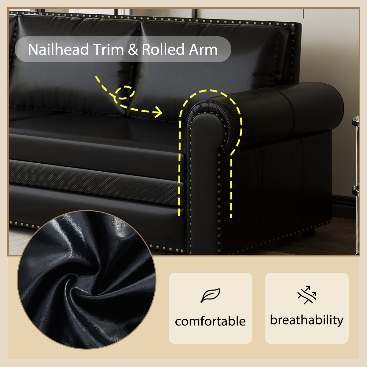 Black leather sofa with nailhead trim and rolled arms highlighting comfort