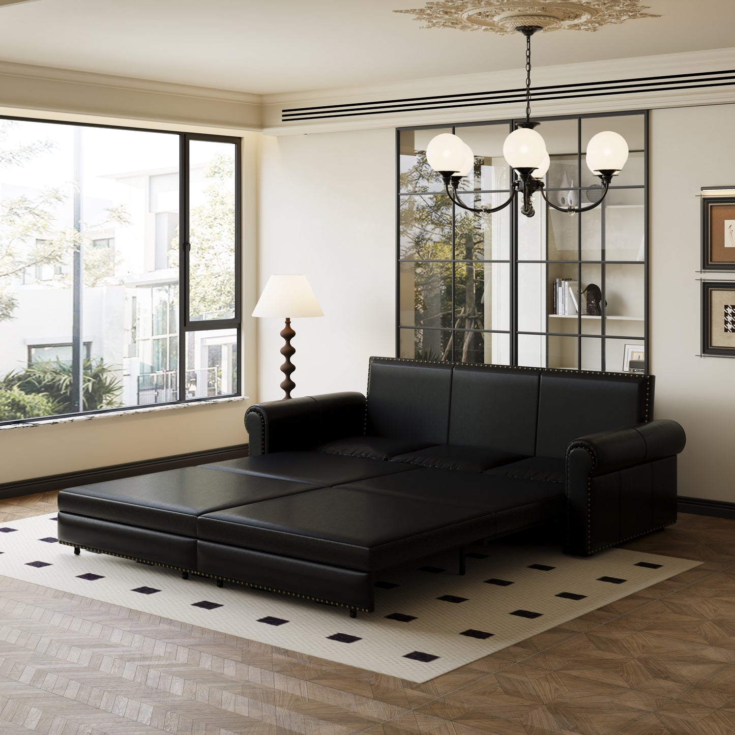 Black leather sofa bed with tufted accents ideal for small living spaces