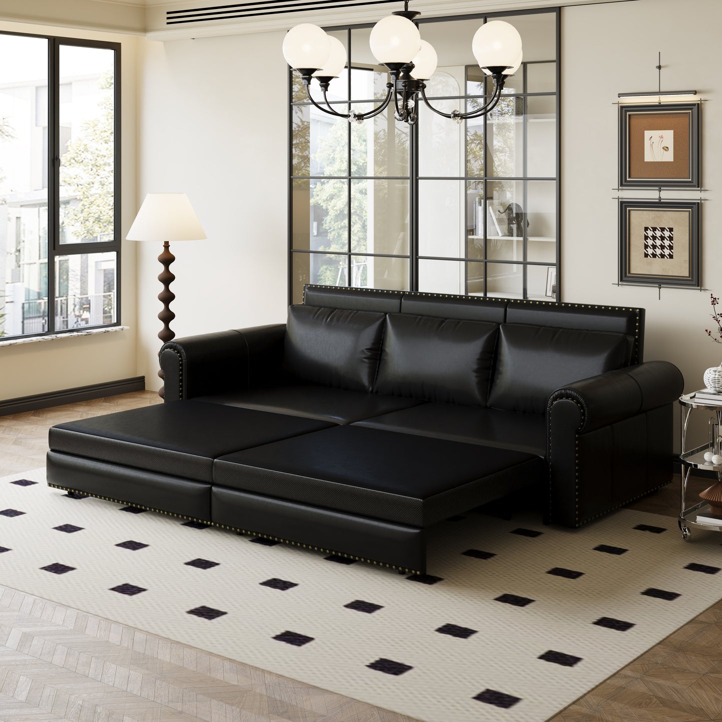 Luxurious black leather sofa bed with tufted accents pulled out for sleeping
