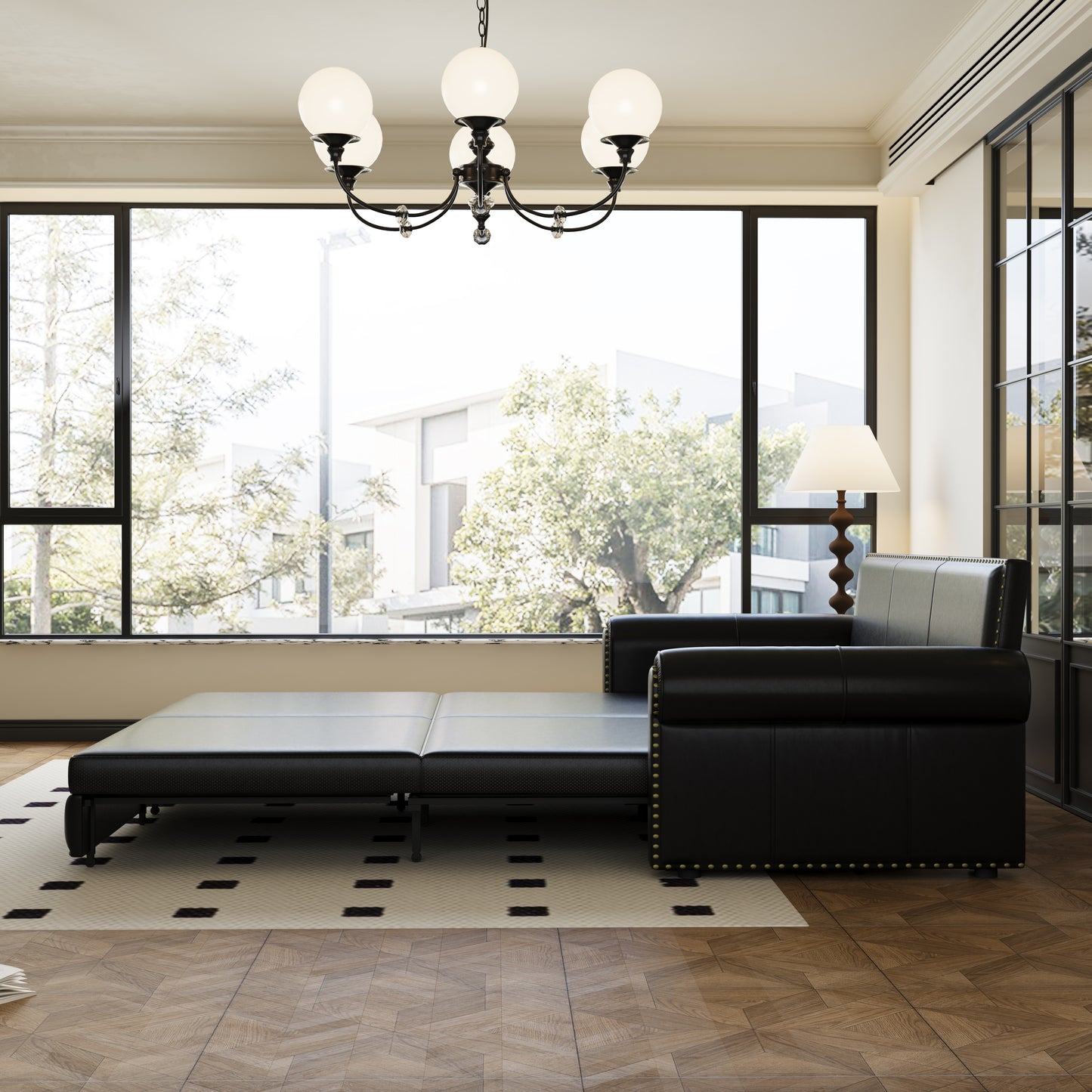 Black leather convertible sofa bed with tufted back cushions