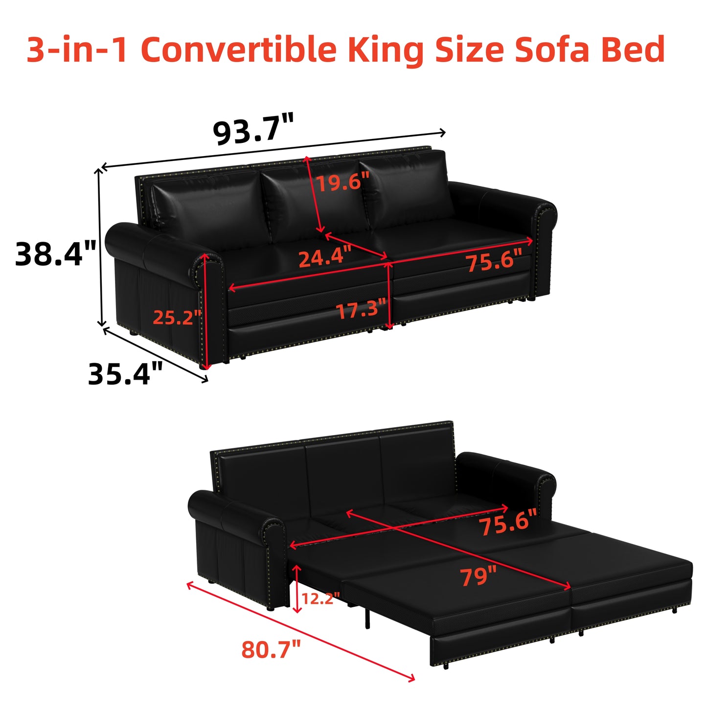 Black leather king size sofa bed in couch and extended bed forms showcasing dimensions