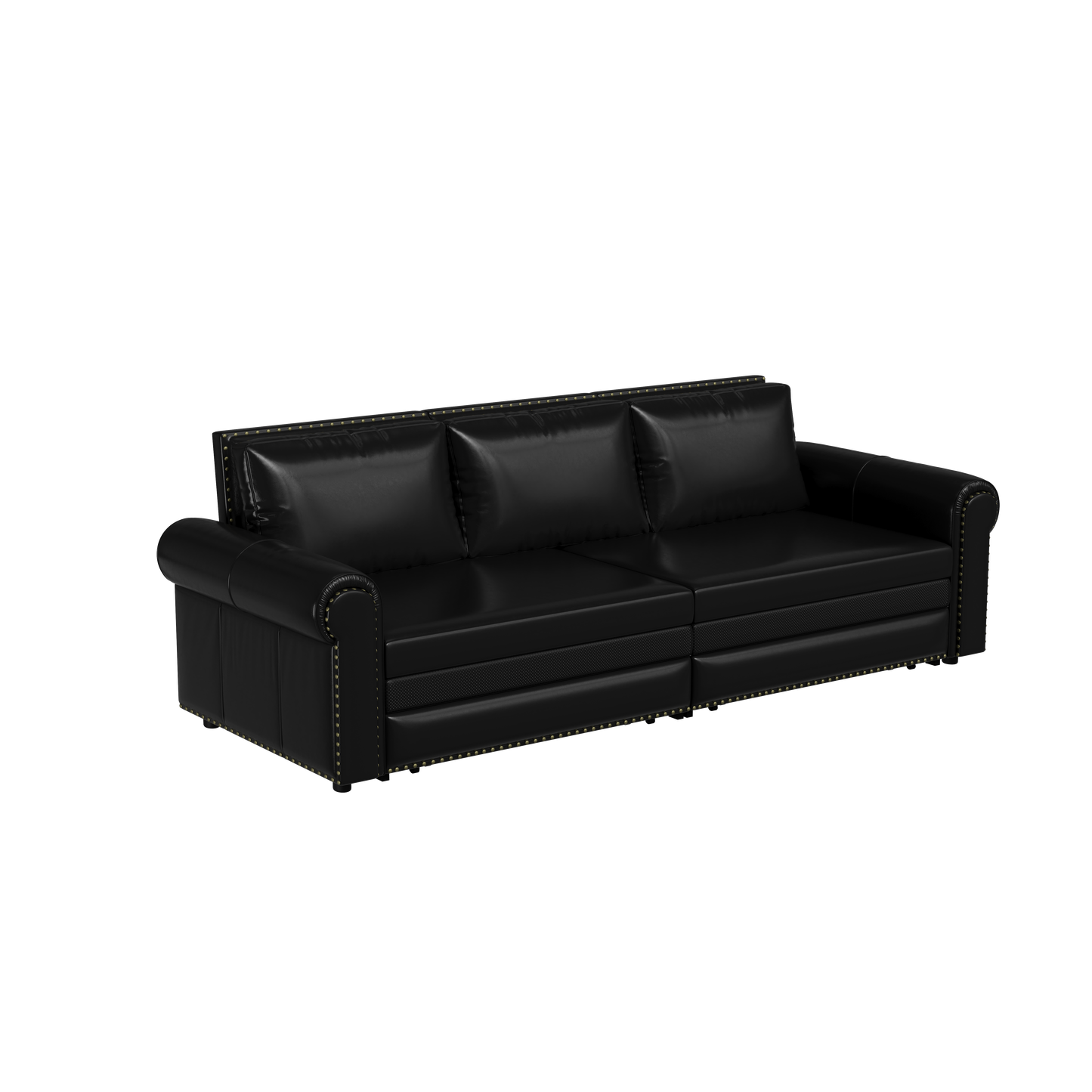Black faux leather threeseater sofa with rolled arms and brass stud accents