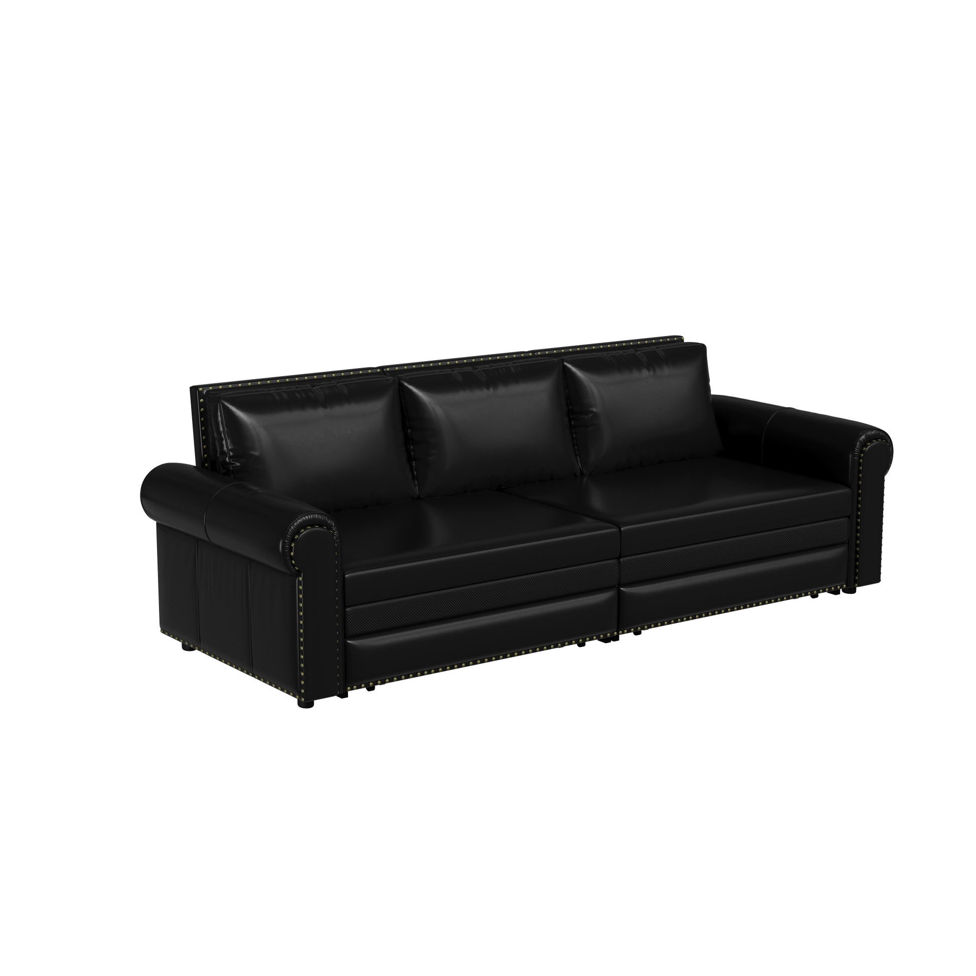Black faux leather threeseater sofa with rolled arms and brass stud accents