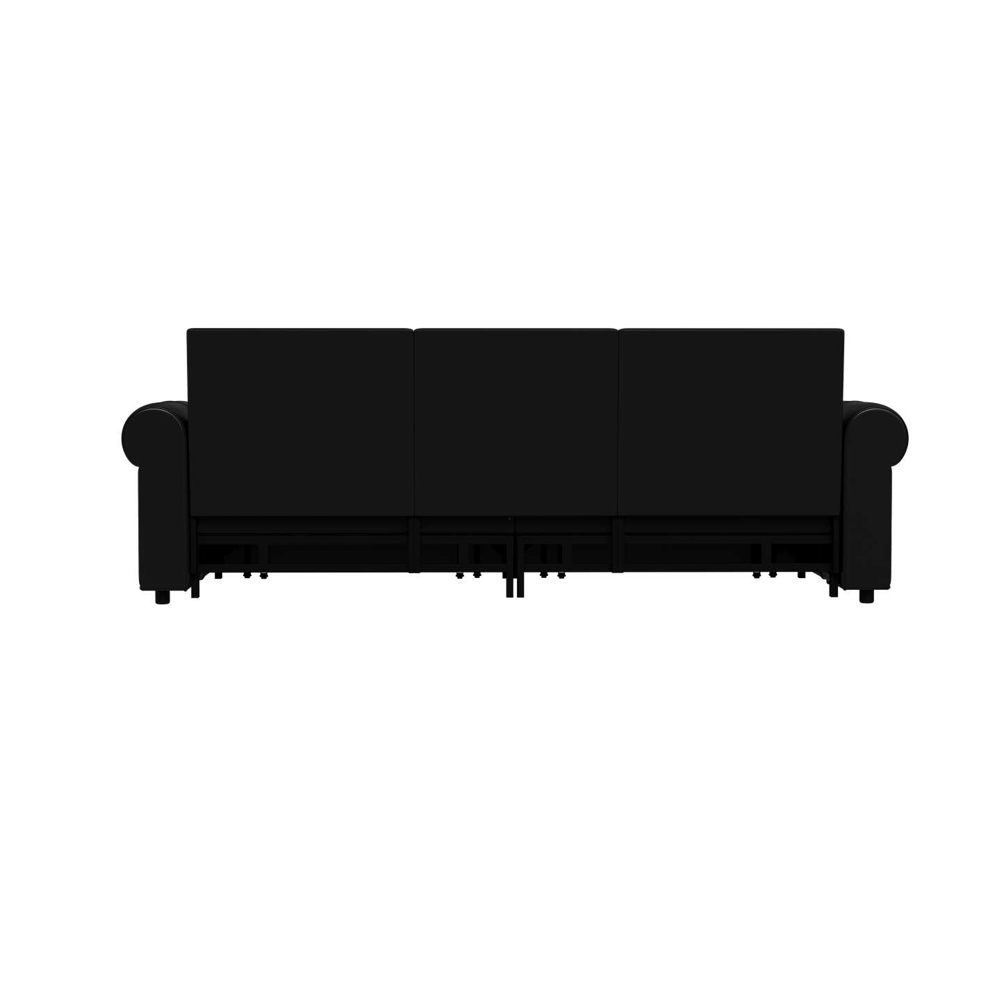 Back view of a black threeseater fabric sofa with rolled arms and visible metal legs