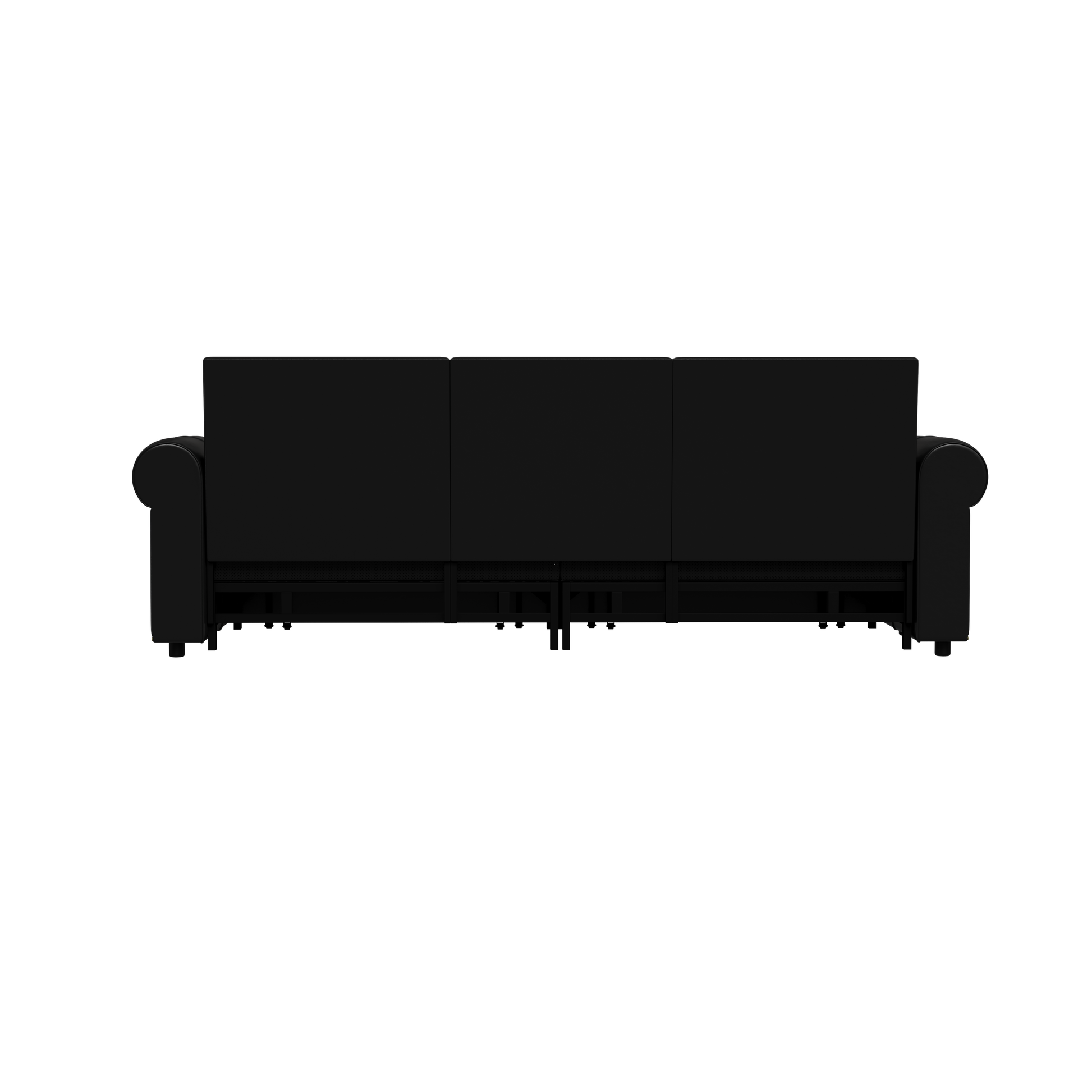 Back view of a black threeseater fabric sofa with rolled arms and visible metal legs