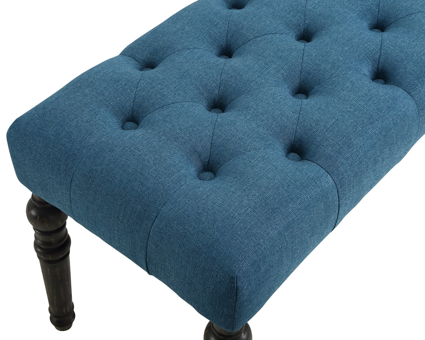 Tufted blue fabric bench with dark wood legs