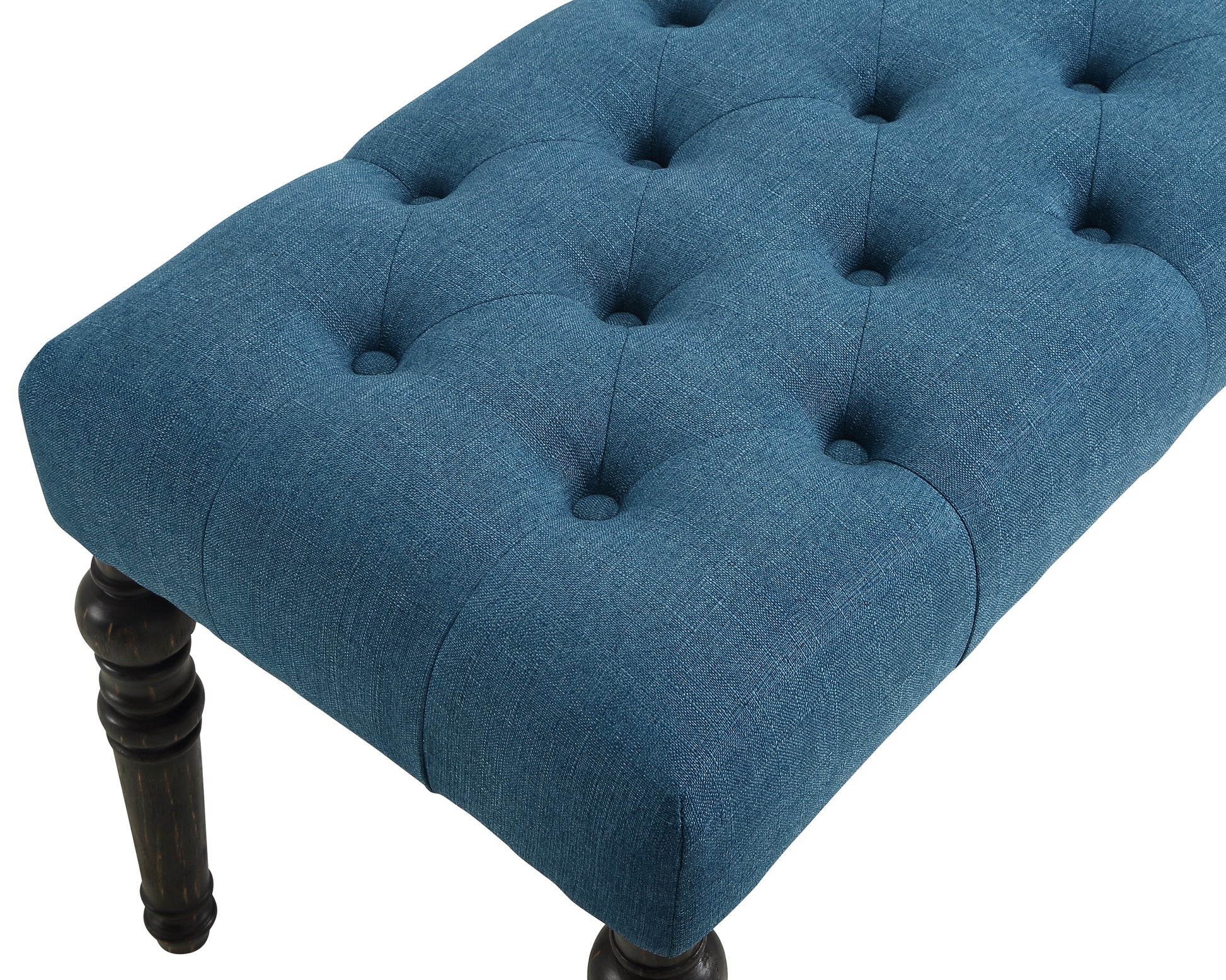Tufted blue fabric bench with dark wood legs