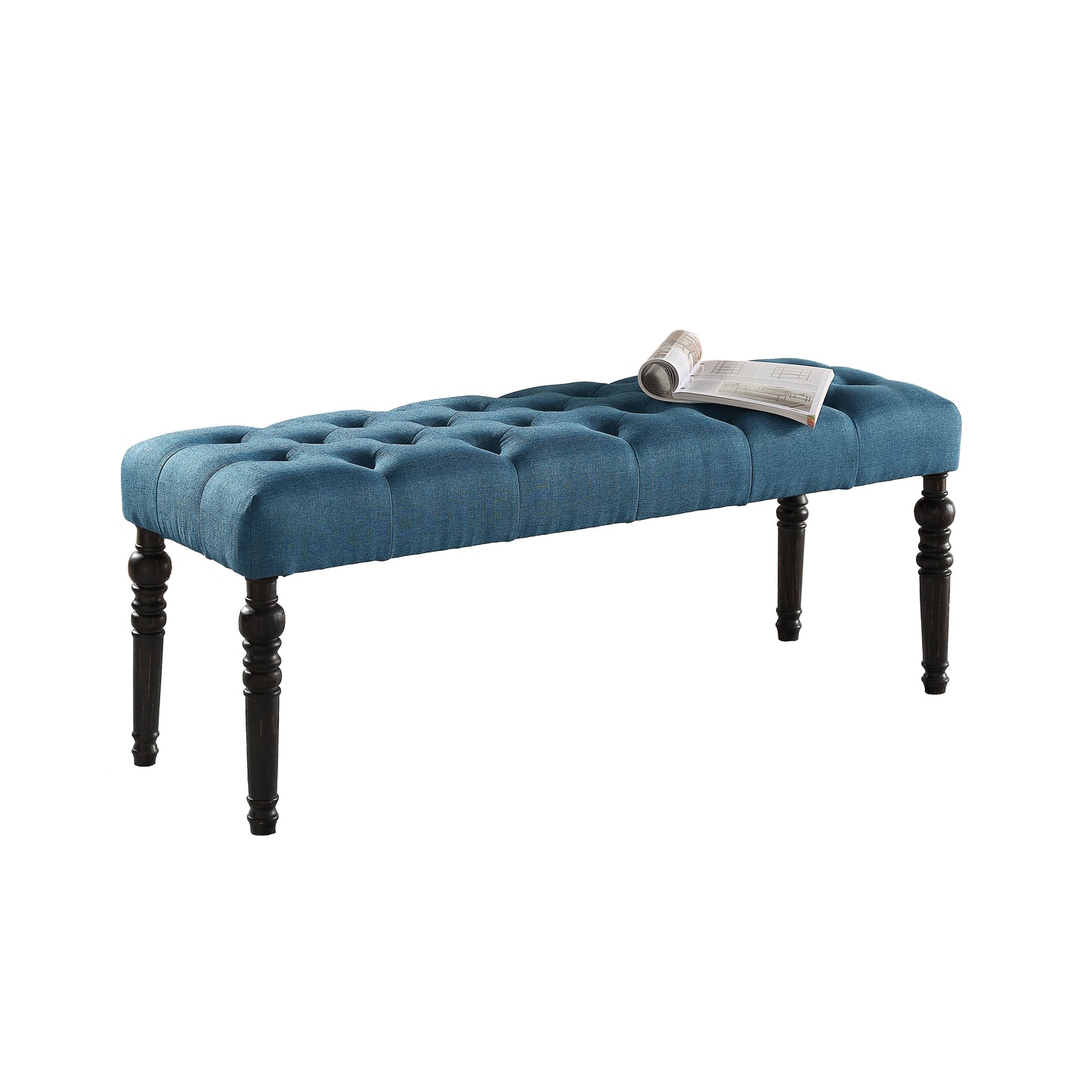 Tufted navy blue fabric bench with dark wooden legs