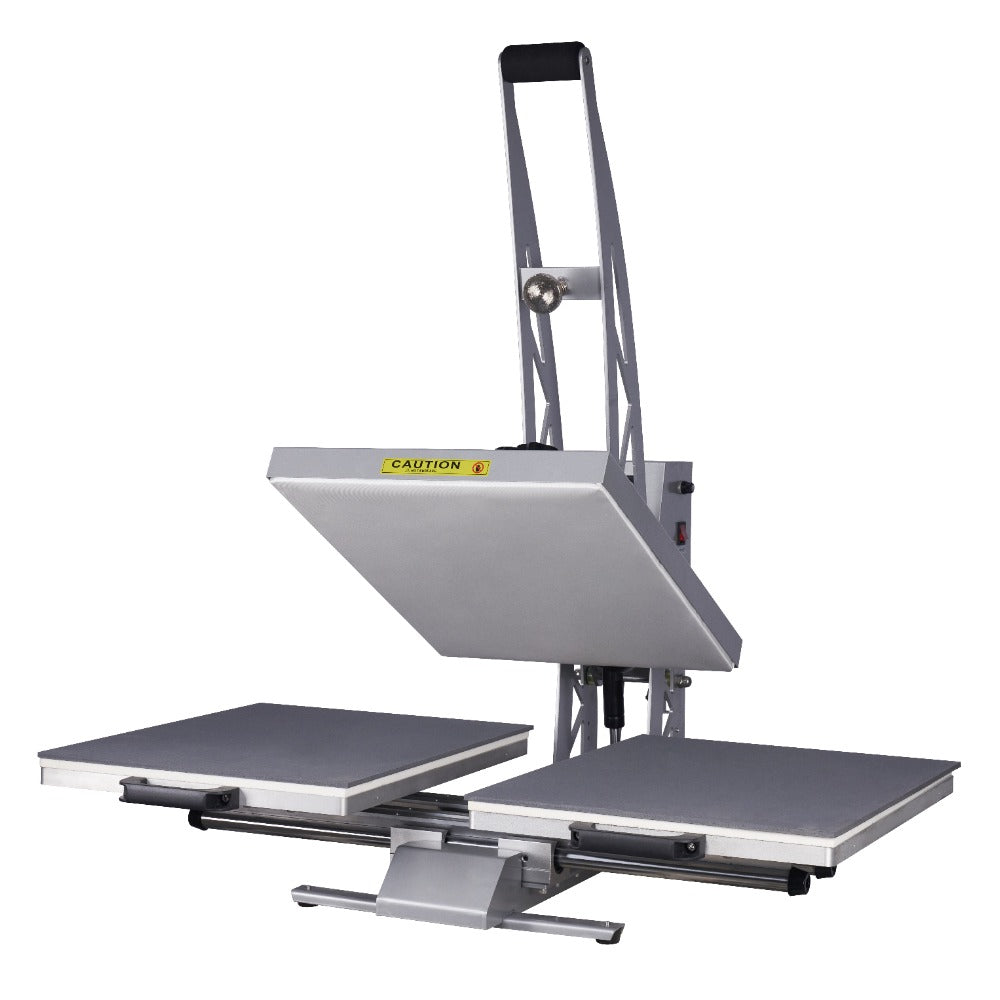 Dualplaten heat press machine with silver finish for garment customization