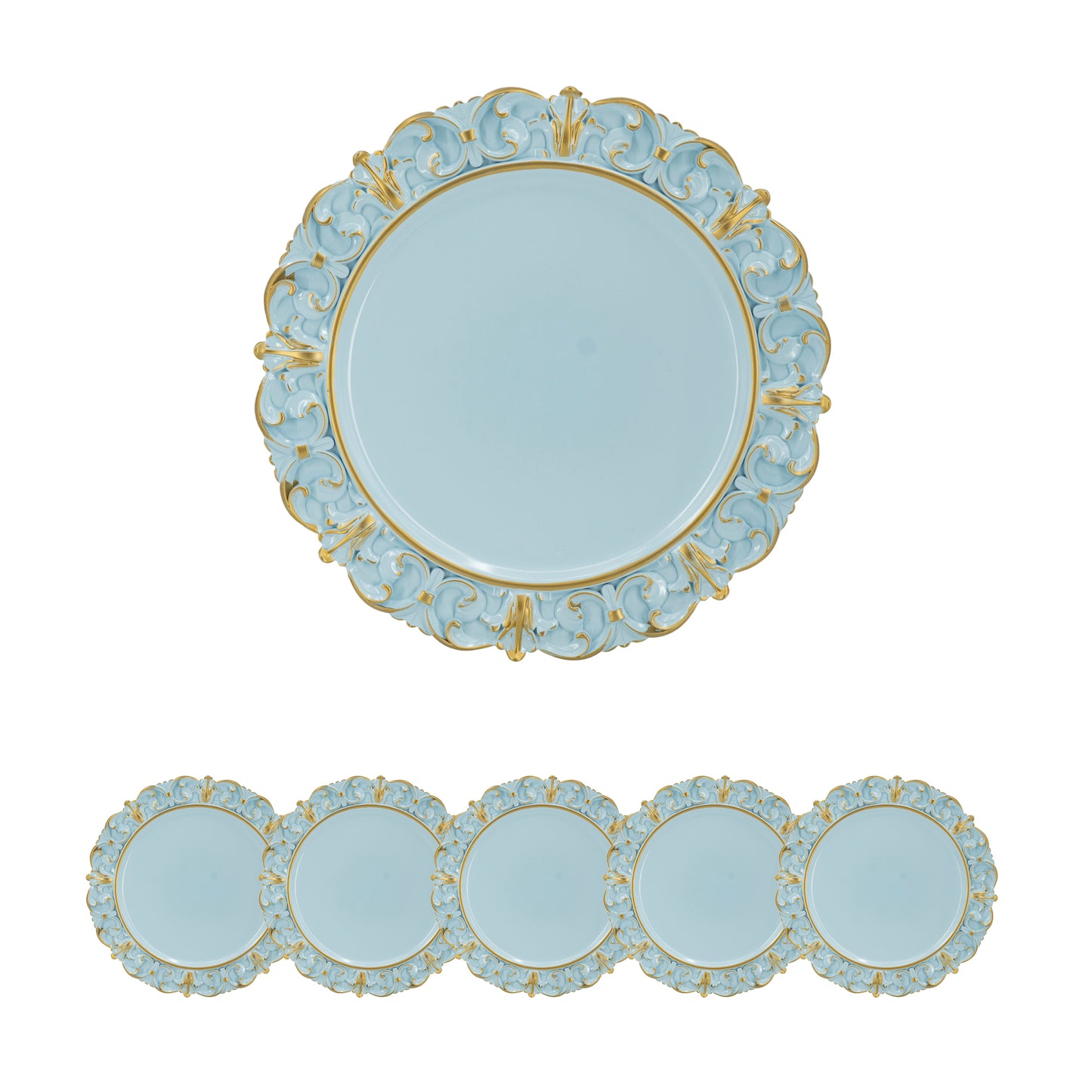 Light blue ornate charger plate with gold trim elegant dining ware