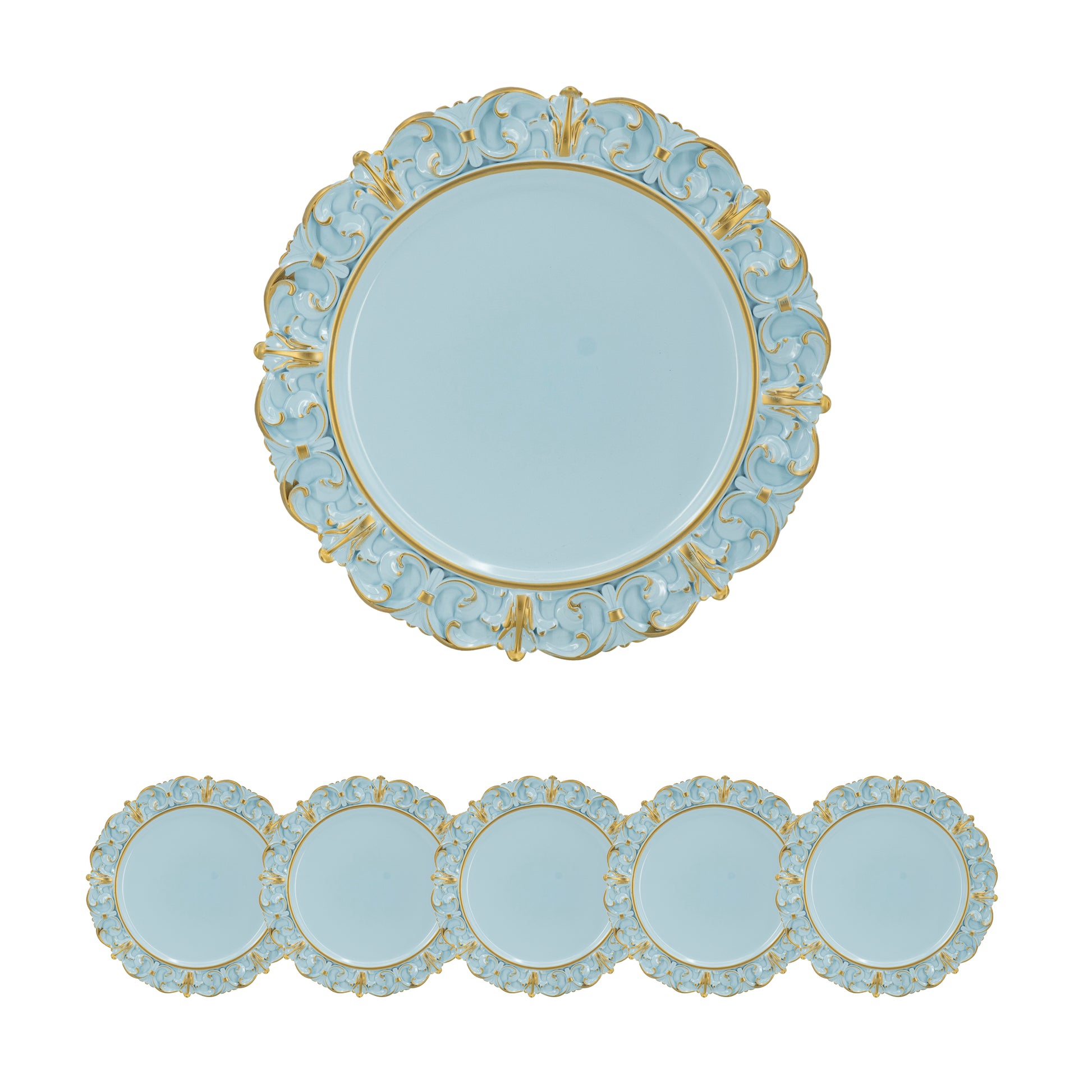 Light blue ornate charger plate with gold trim elegant dining ware