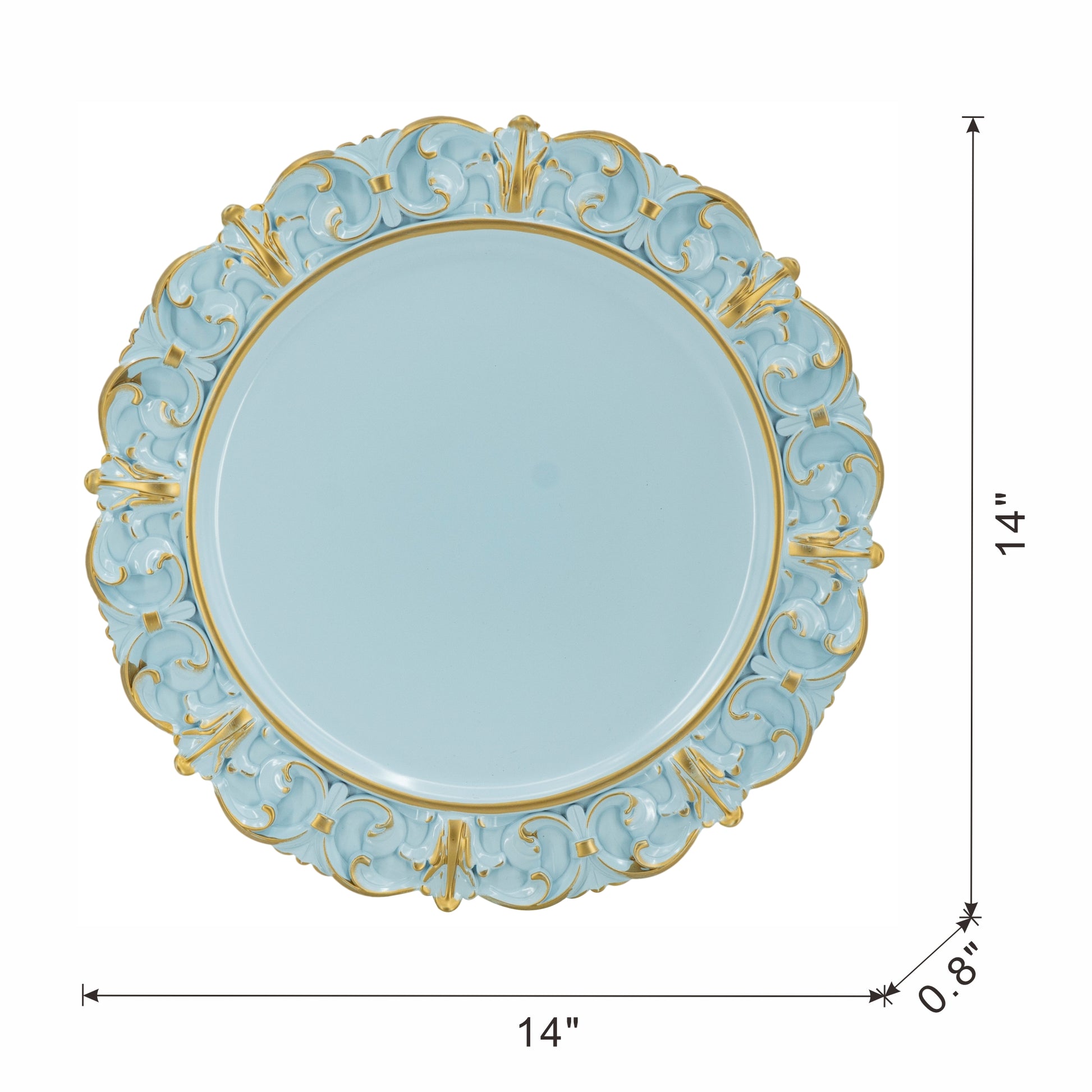 Light blue ornate charger plate with gold trim  inch diameter for elegant dining