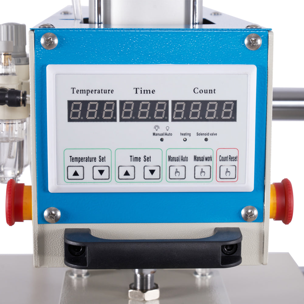 Industrial heat press control panel with digital temperature time and count displays