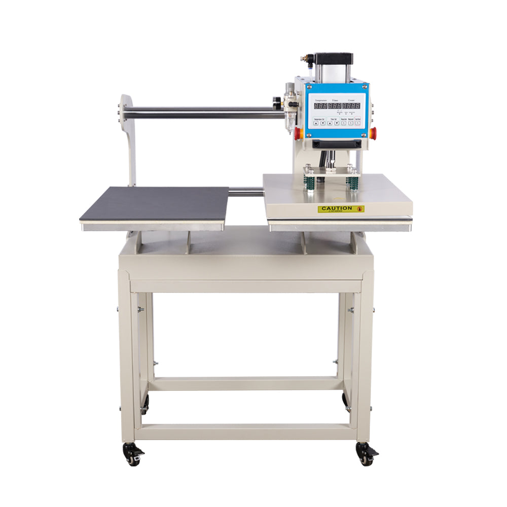 Professional heat press machine with a sliding drawer and digital controls for garment printing