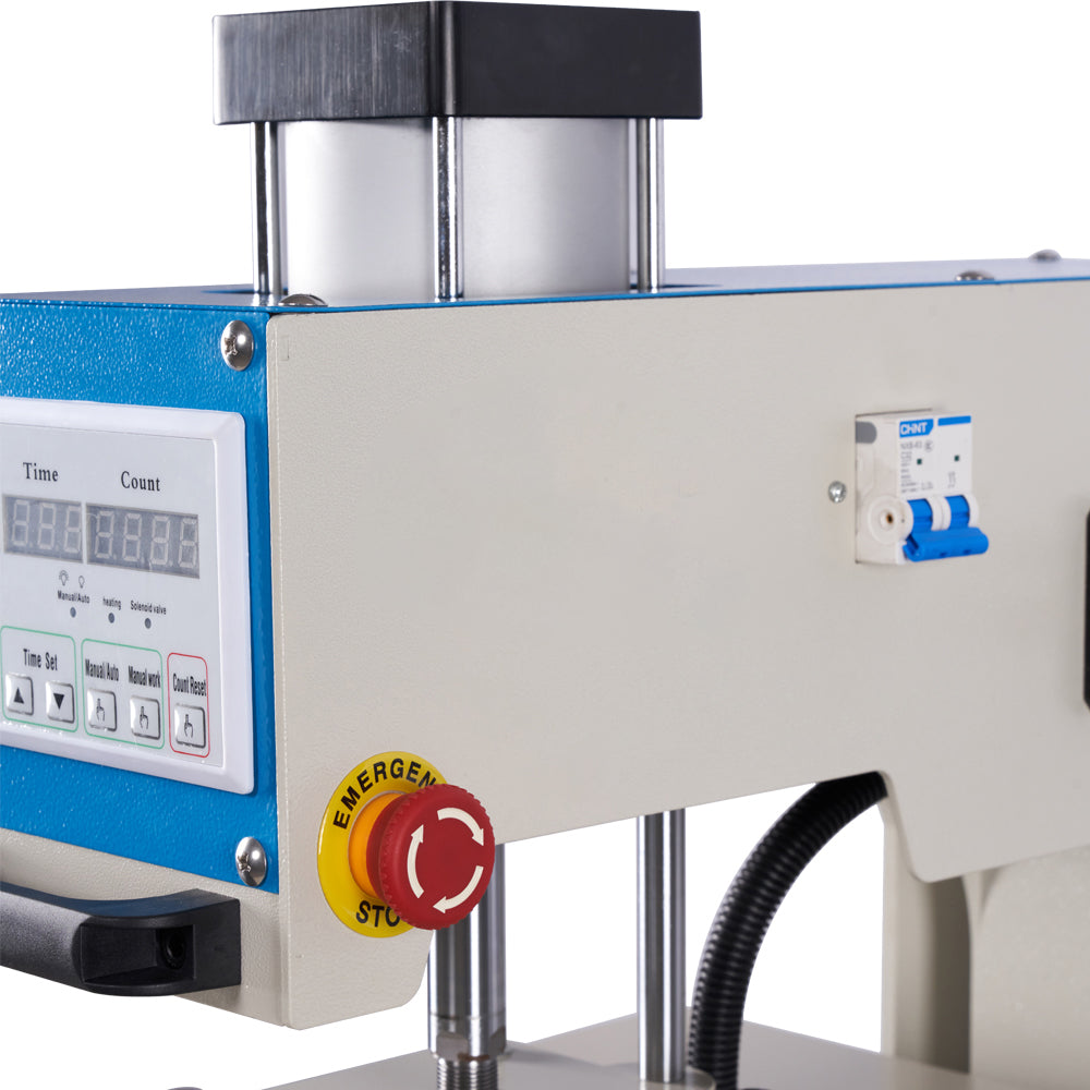 Industrial heat sealer with digital display and emergency stop button
