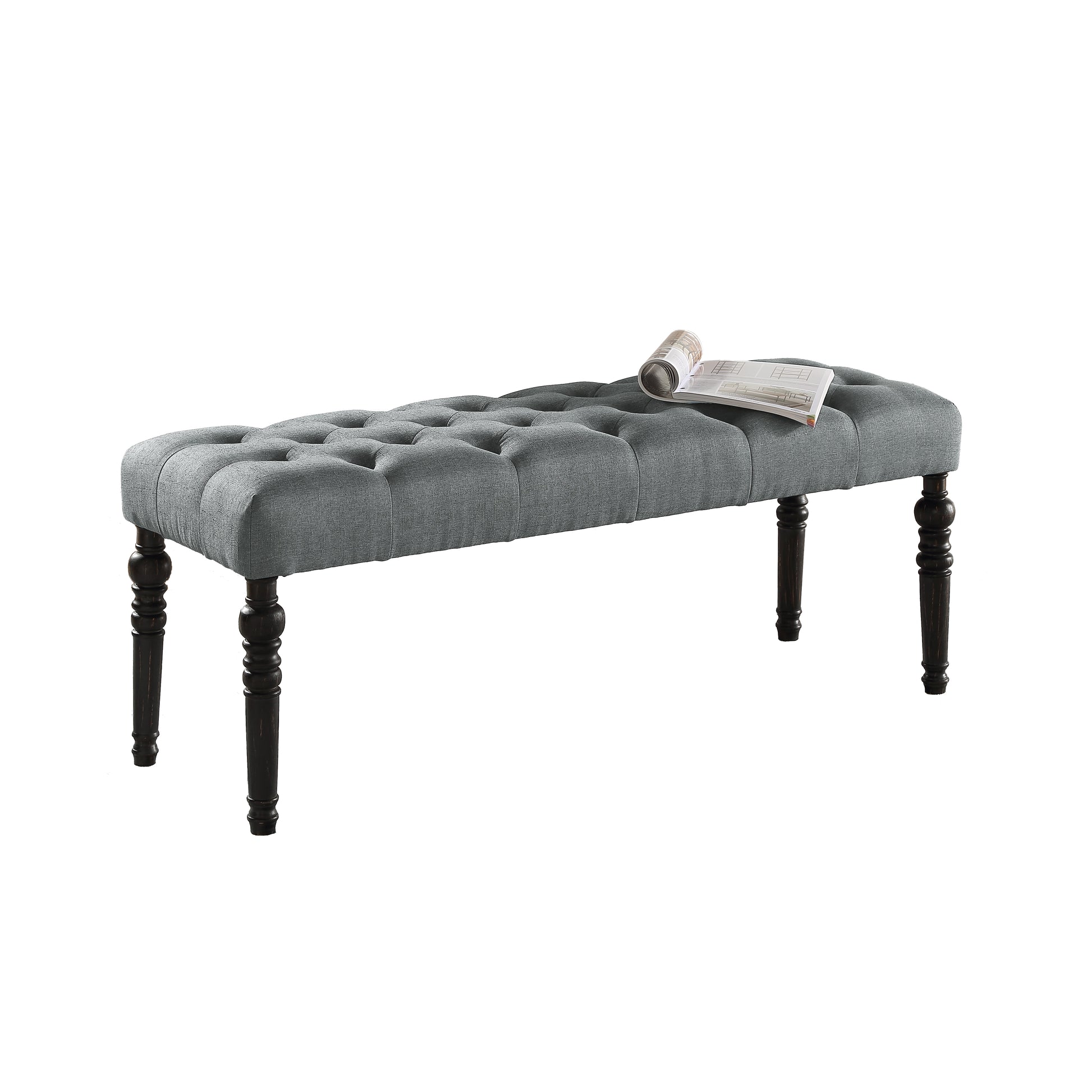 Grey linen tufted storage bench with dark wooden legs ideal for entryway or foot of bed