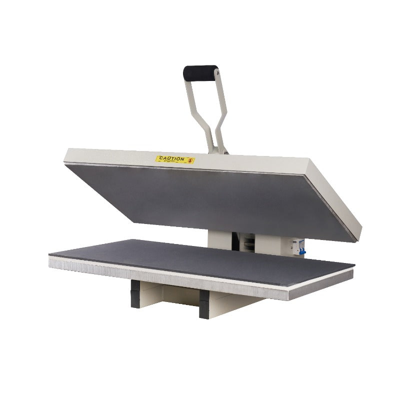 White clamshell heat press machine with black handle and grey platen For tshirt printing