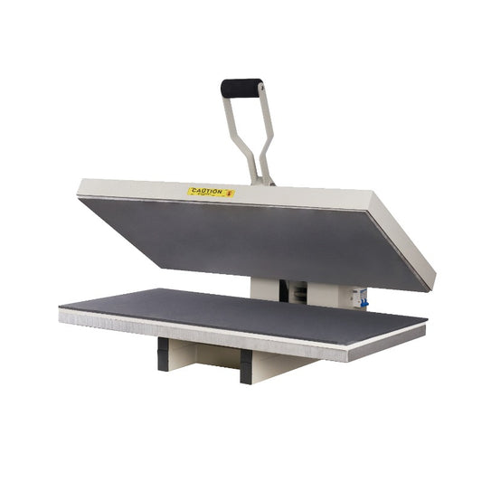 White clamshell heat press machine with black handle and grey platen For tshirt printing
