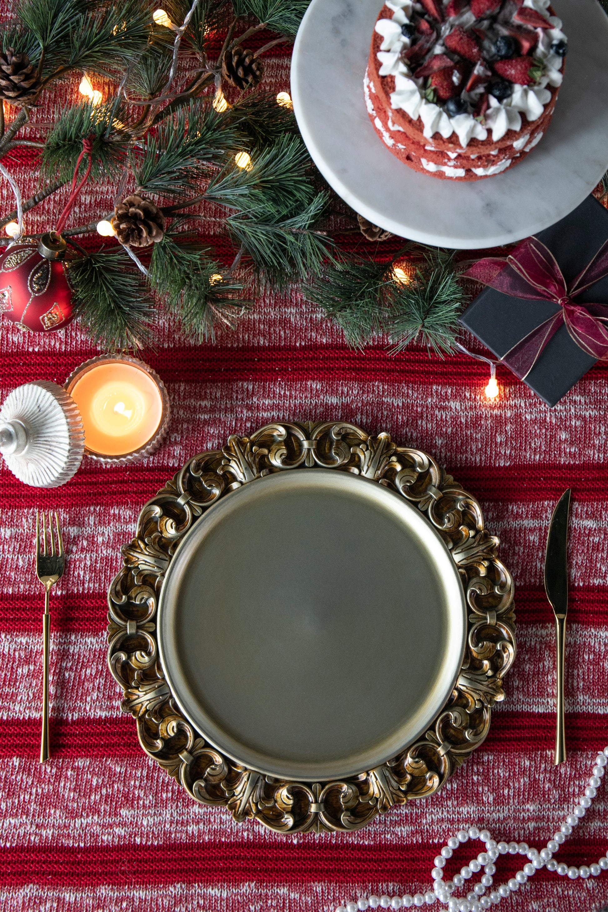 Ornate gold charger plate ideal for festive table settings and holiday dinners