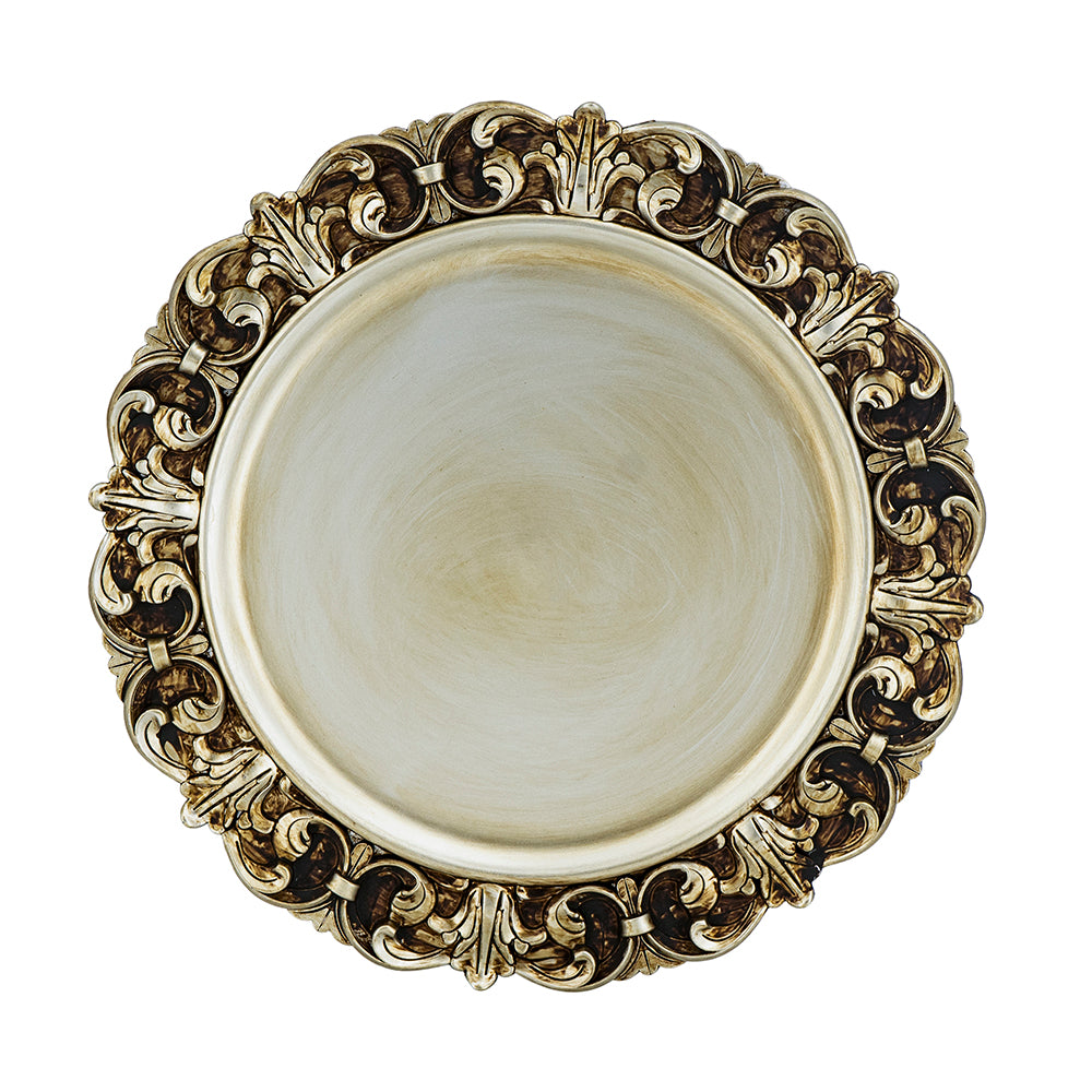 Ornate antique decorative tray with silver and bronze finish