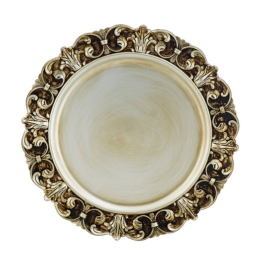 Ornate antique decorative tray with silver and bronze finish