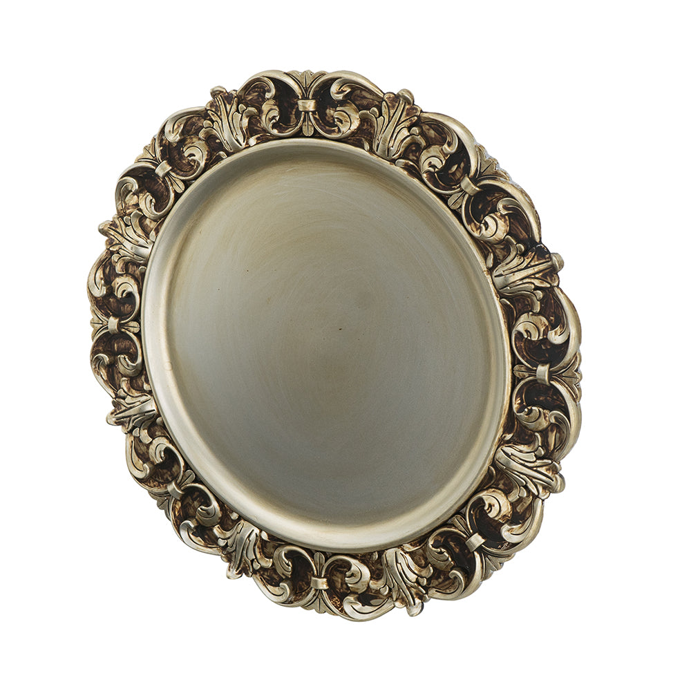 Ornate oval decorative tray with antique gold finish and intricate scrollwork detail