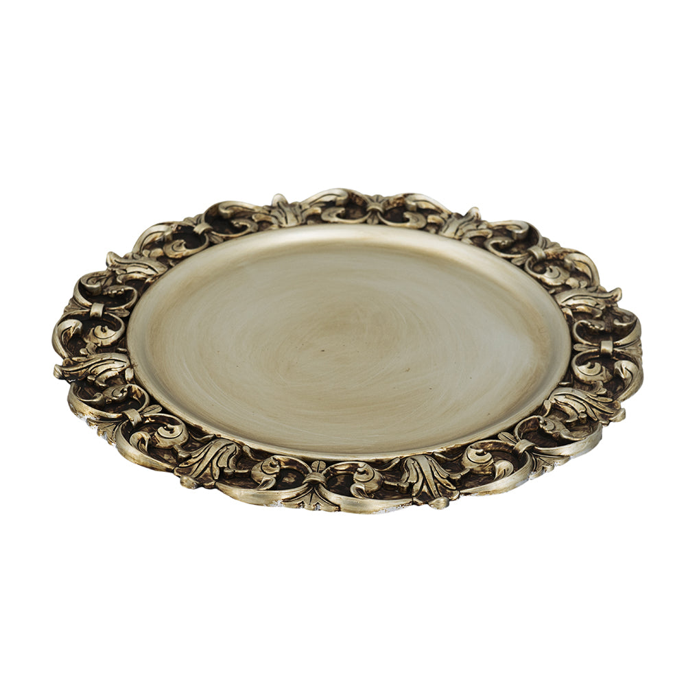 Antique ornate serving tray in antique gold finish perfect for displaying desserts or decor
