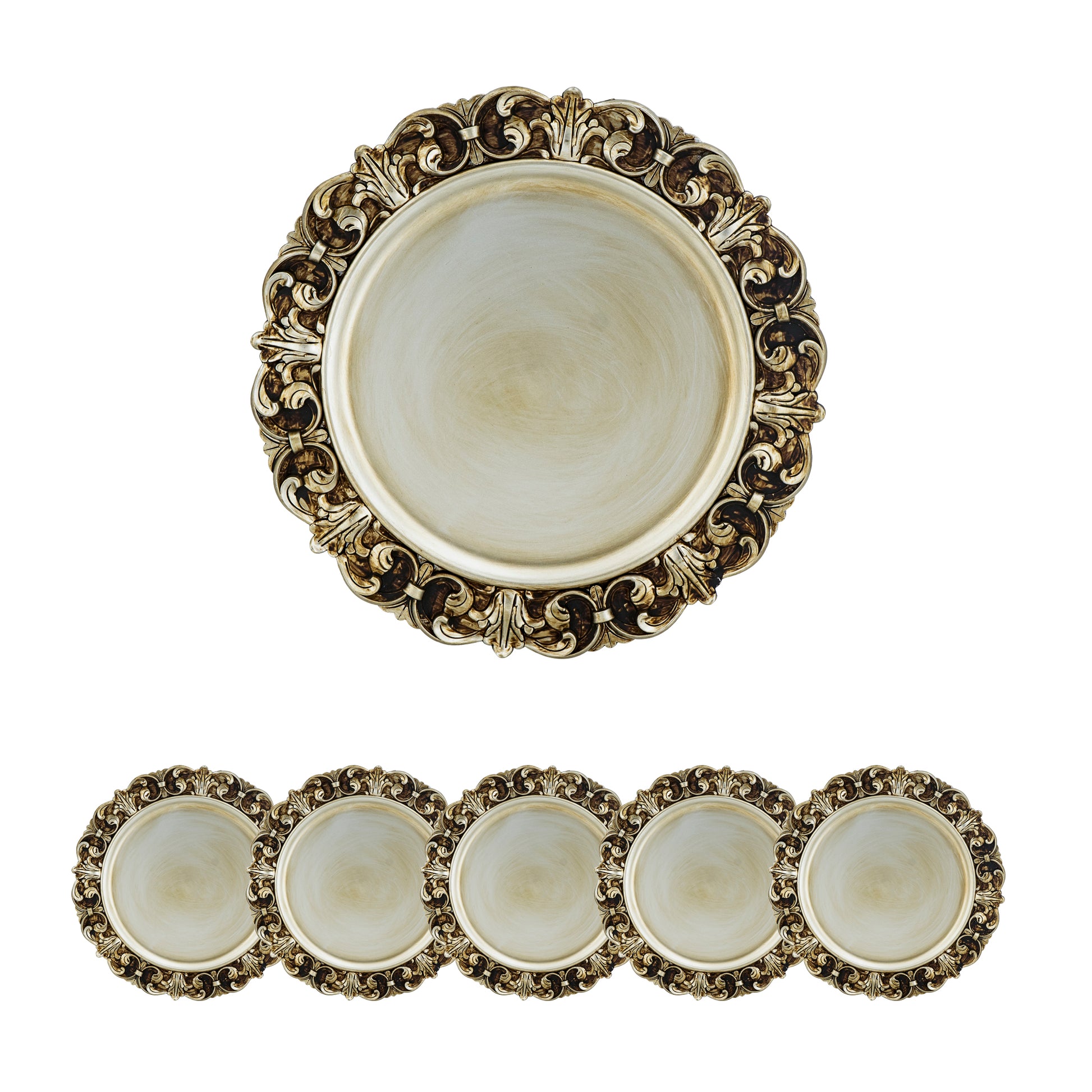 Ornate antique charger plate with a cream inset and gold scrollwork rim