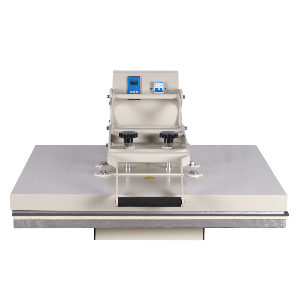 Professional heat press machine with digital display and dual knobs for precise control