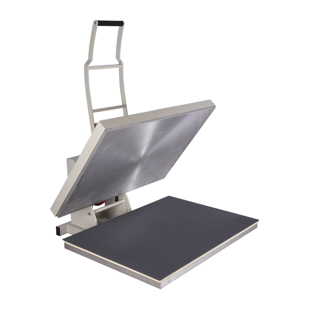 Clamshell heat press machine with grey metal heating element and black platen