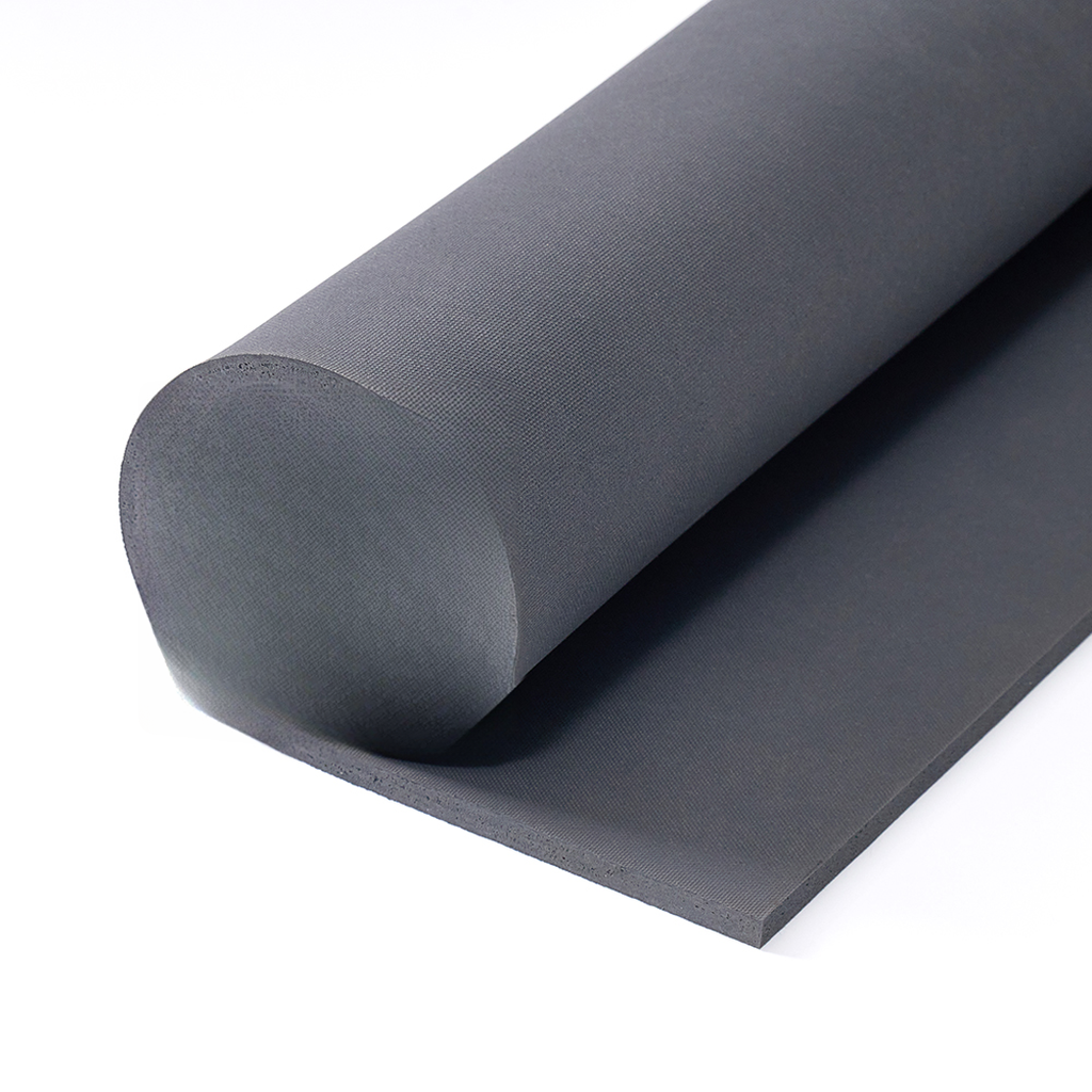Rolled dark gray neoprene sheet with textured surface ideal for padding and insulation