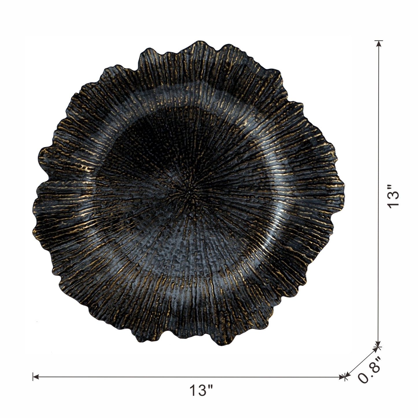 Textured dark gray and gold charger plate with a ruffled edge  inches