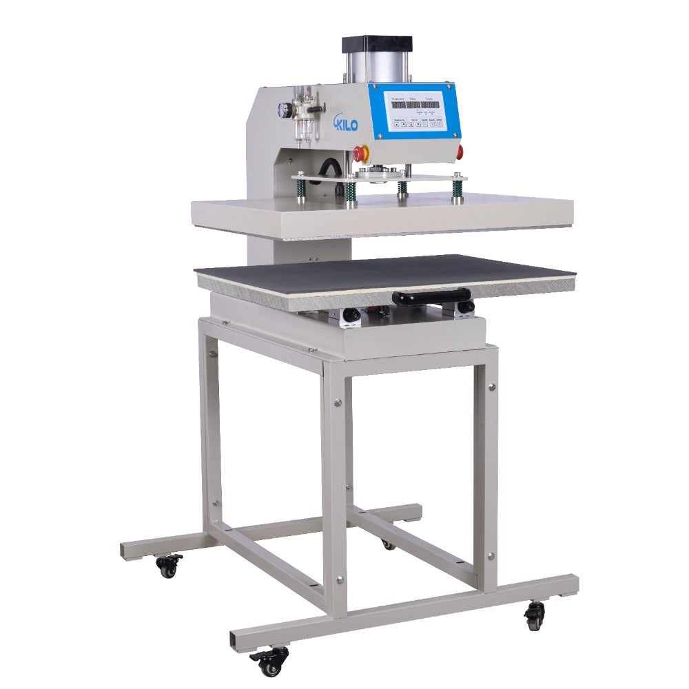 Gray KILO heat press machine with digital display and rolling base for apparel printing