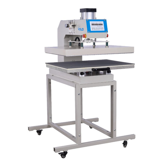 Gray KILO heat press machine with digital display and rolling base for apparel printing