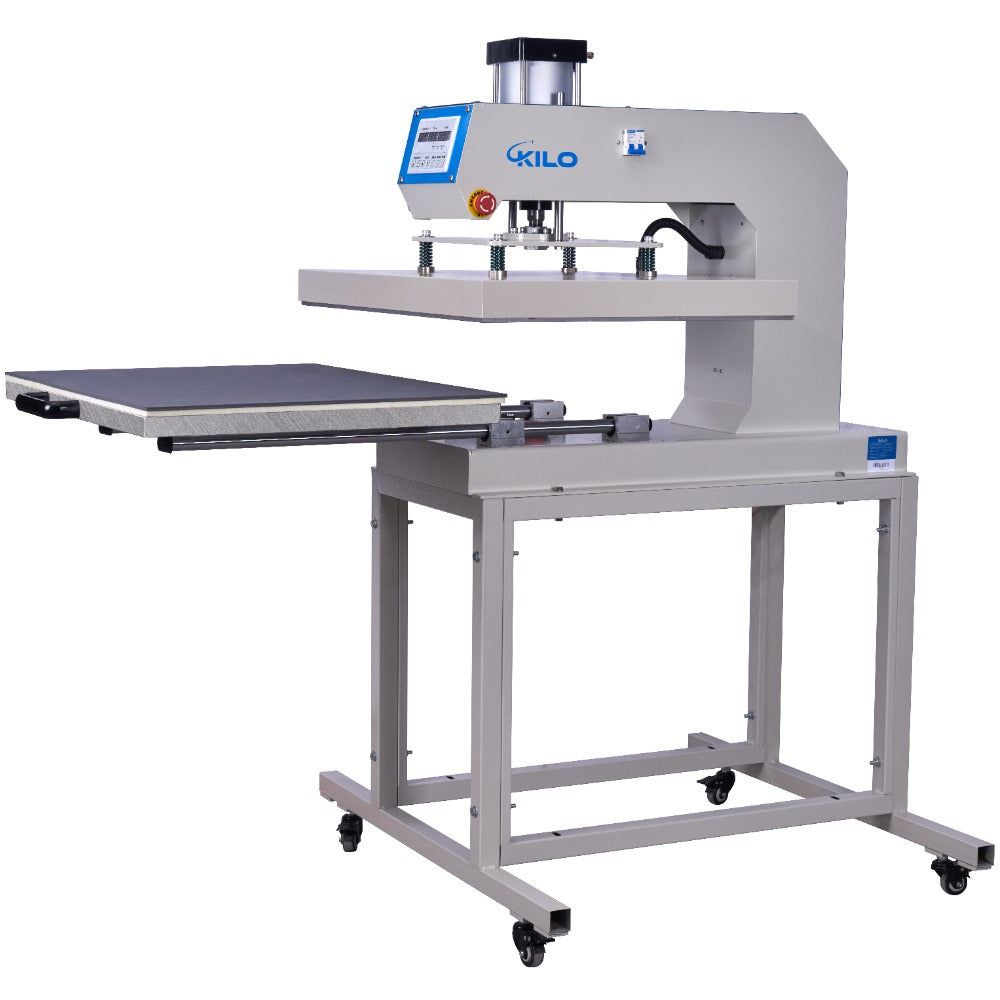 KILO brand clam shell heat press machine with digital controls for apparel customization