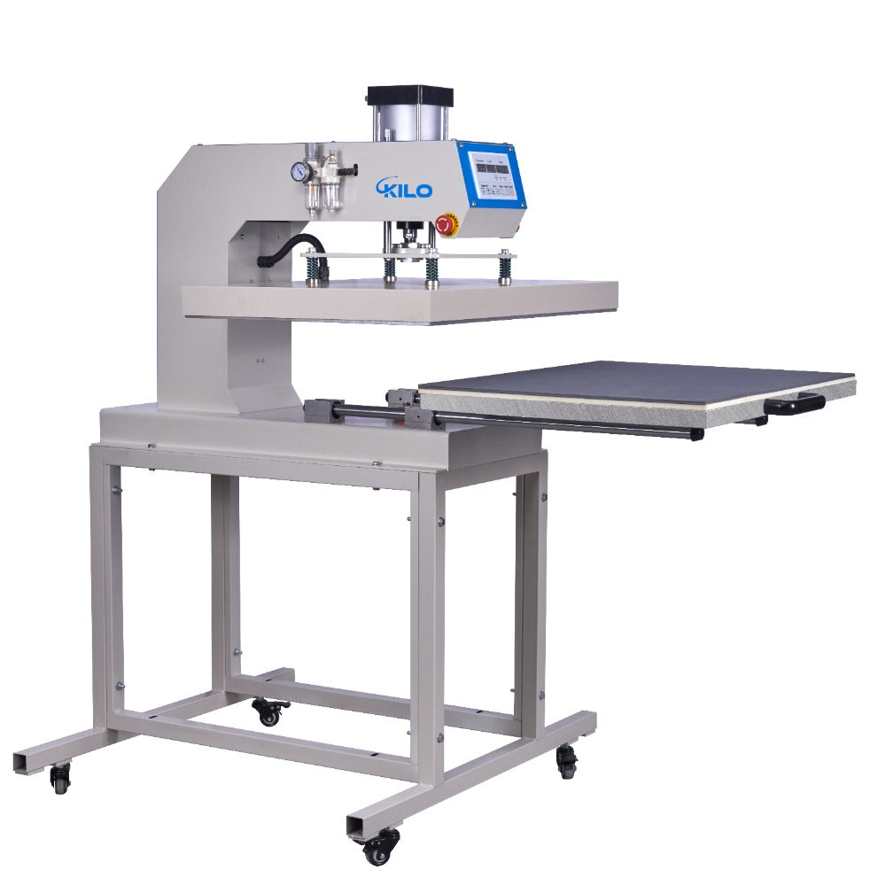 Gray KILO brand heat press machine with digital display and pullout platen for garment printing