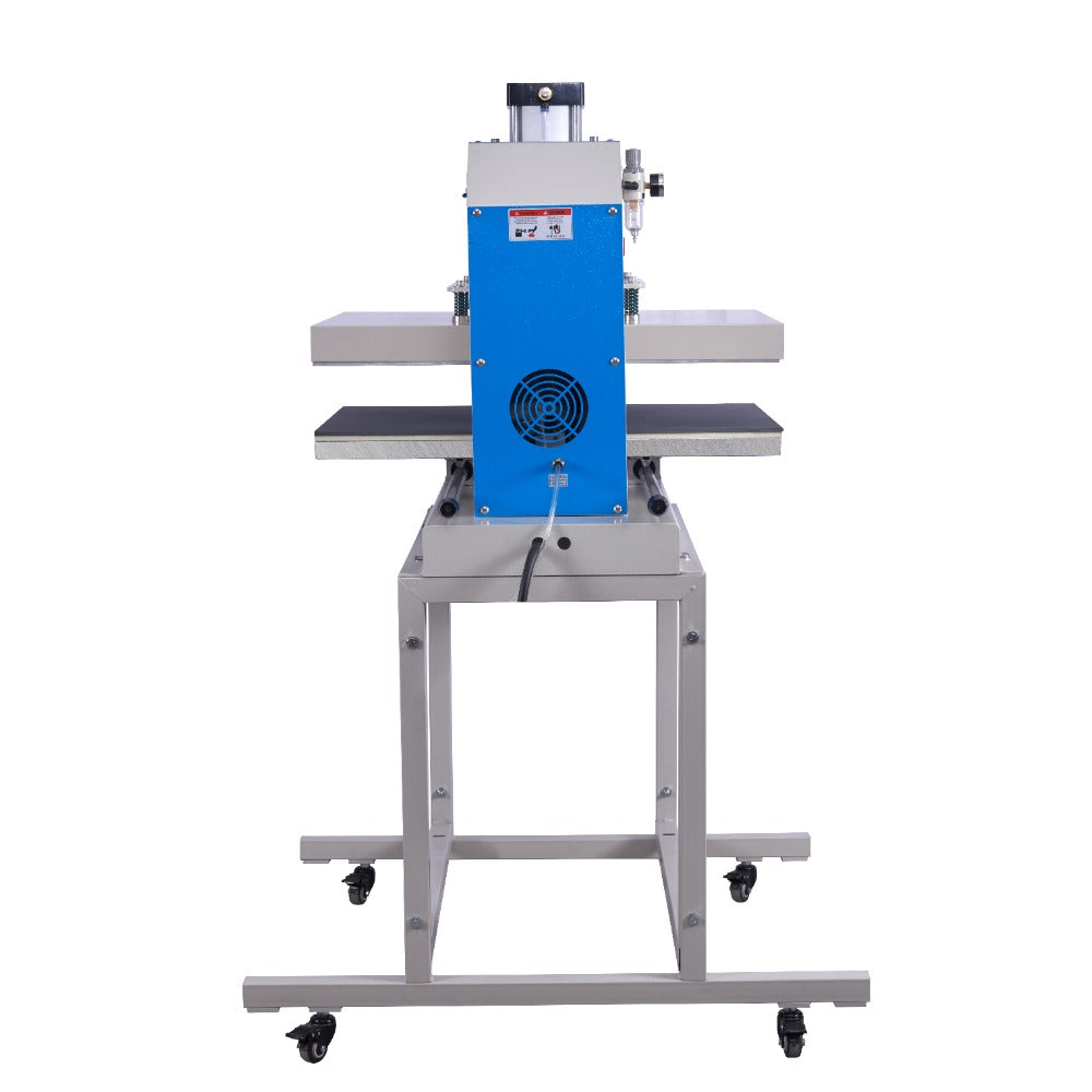 Blue dualplaten heat press machine with digital controls and rolling stand