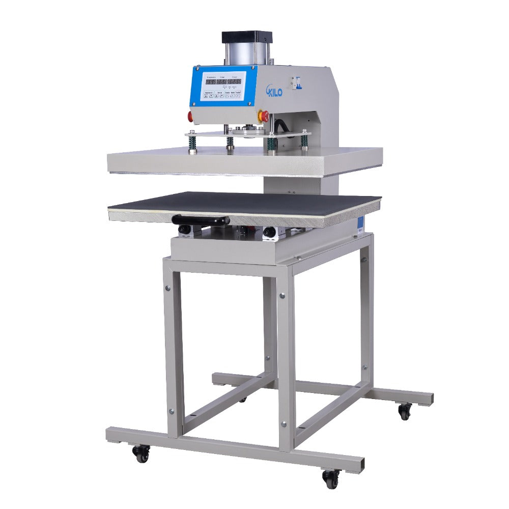 Professional heat press machine with digital display and pneumatic lift for garment printing