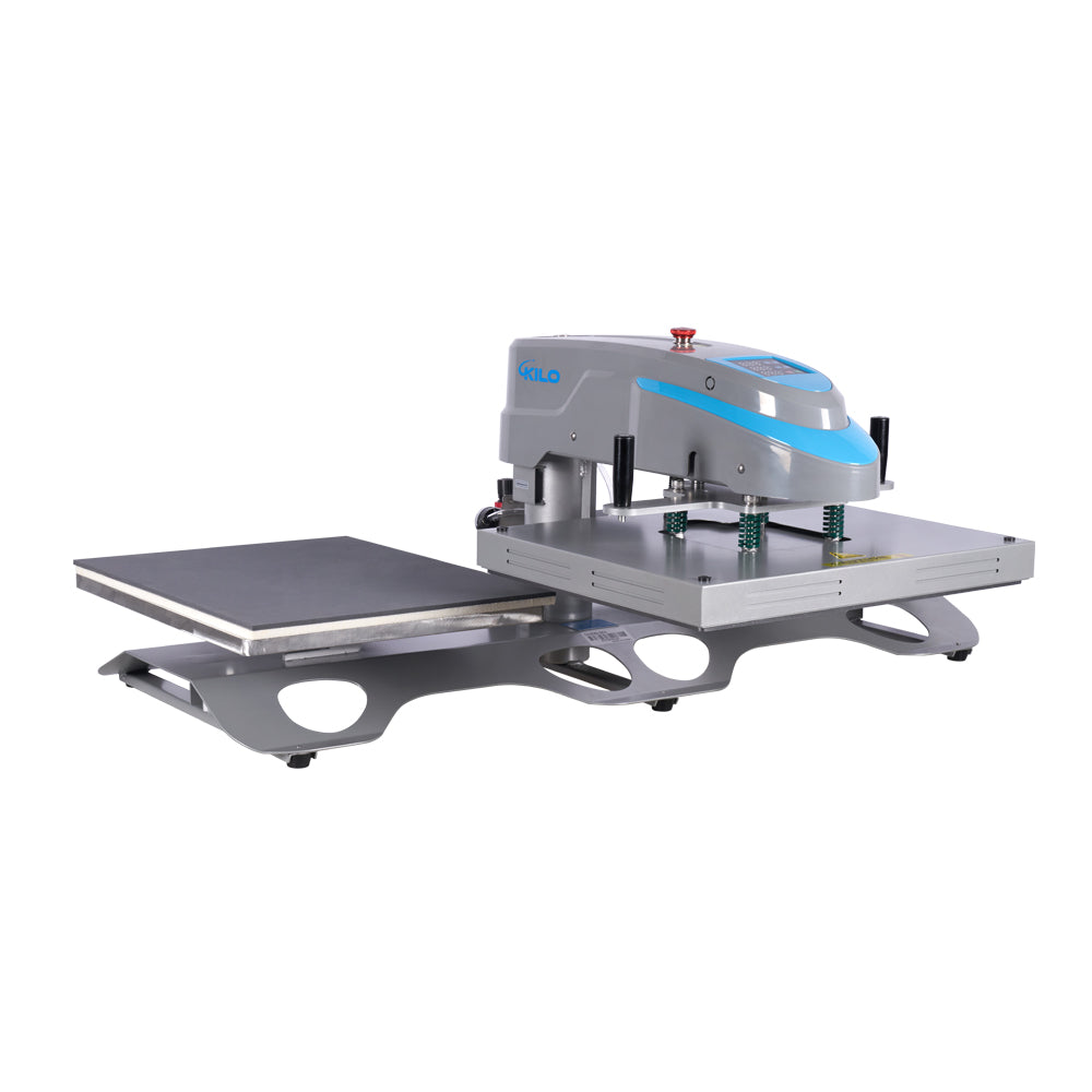 Gray and blue KILO brand heat press machine with digital display for garment printing