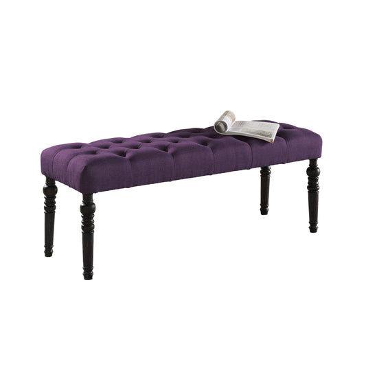 Tufted purple velvet bench with carved dark wood legs