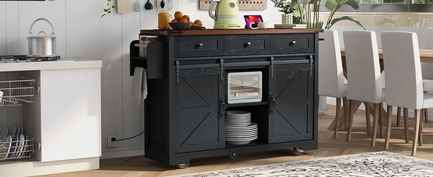 Dark wood kitchen island with sliding barn doors and countertop