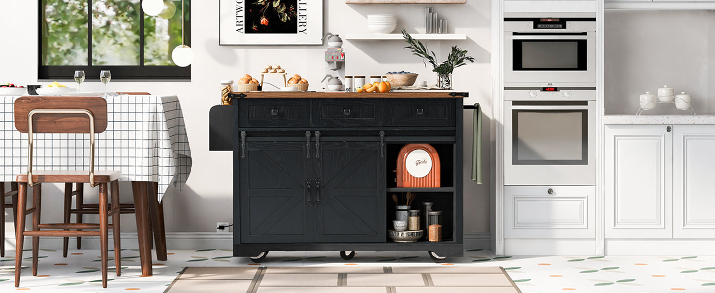 Black rustic rolling kitchen island with wooden top featuring barn doors and storage shelves