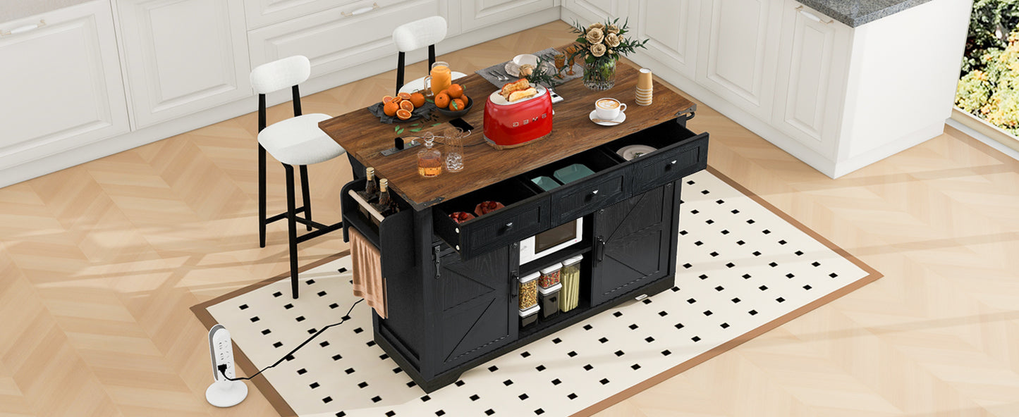 Rustic black kitchen island with wooden top featuring storage and bar stools