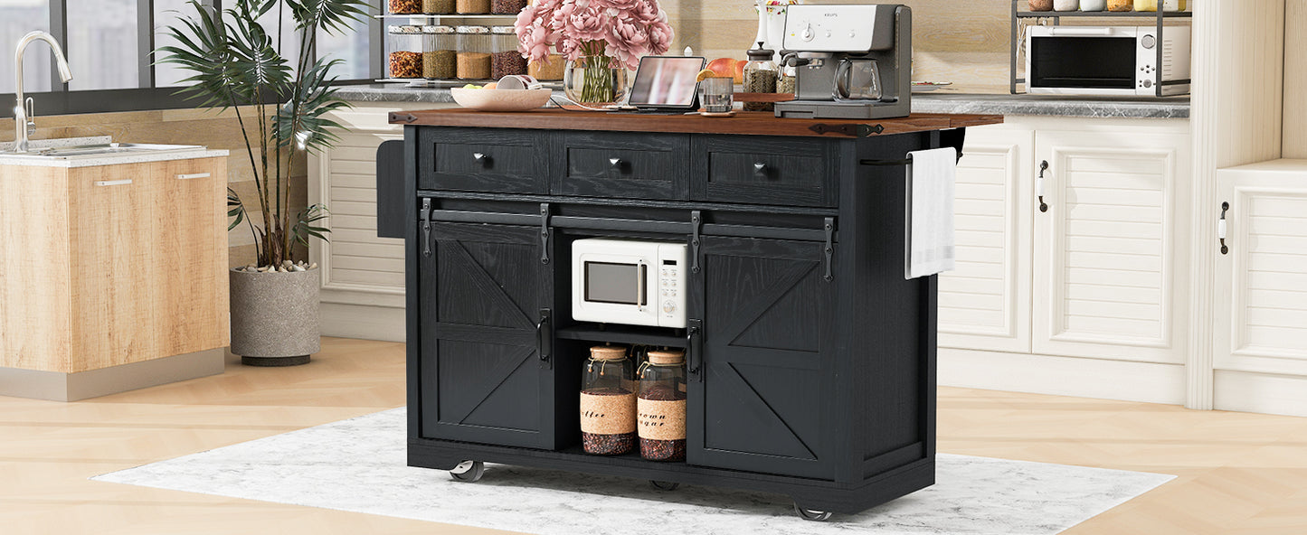 Black kitchen island with sliding barn doors wood top and microwave