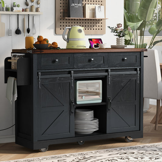 Black barn door kitchen island with wooden top silver hardware and wheels