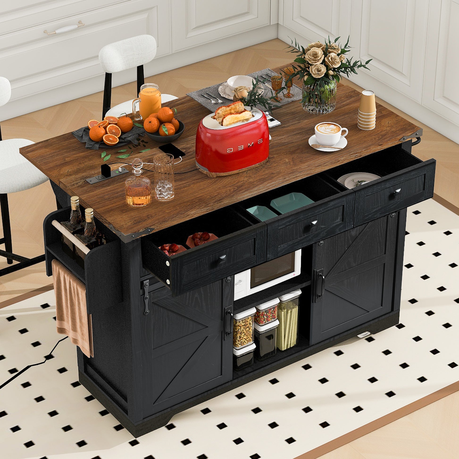 Rustic black kitchen island with butcher block top and ample storage