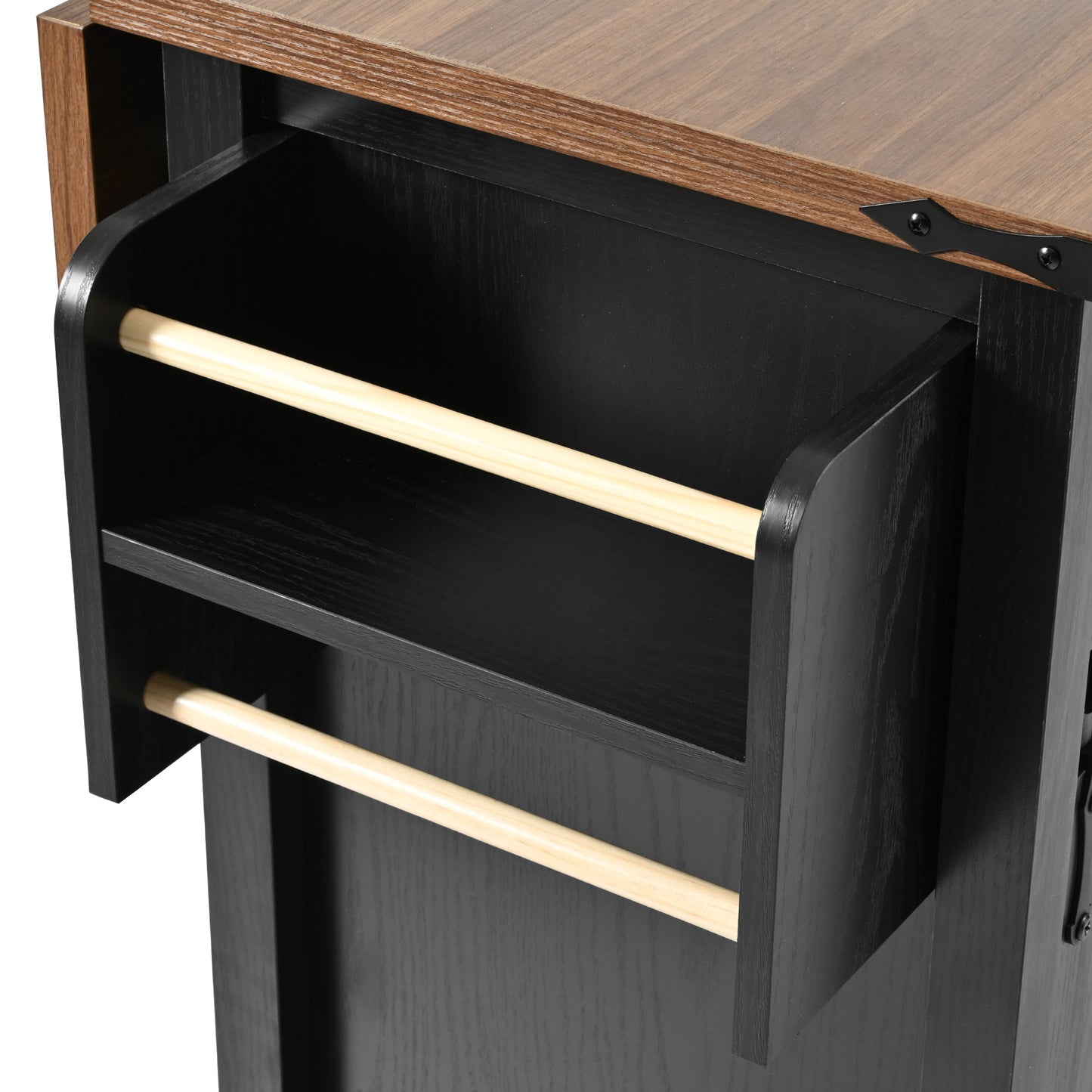 Black kitchen island cart with two wood towel bars for convenient storage