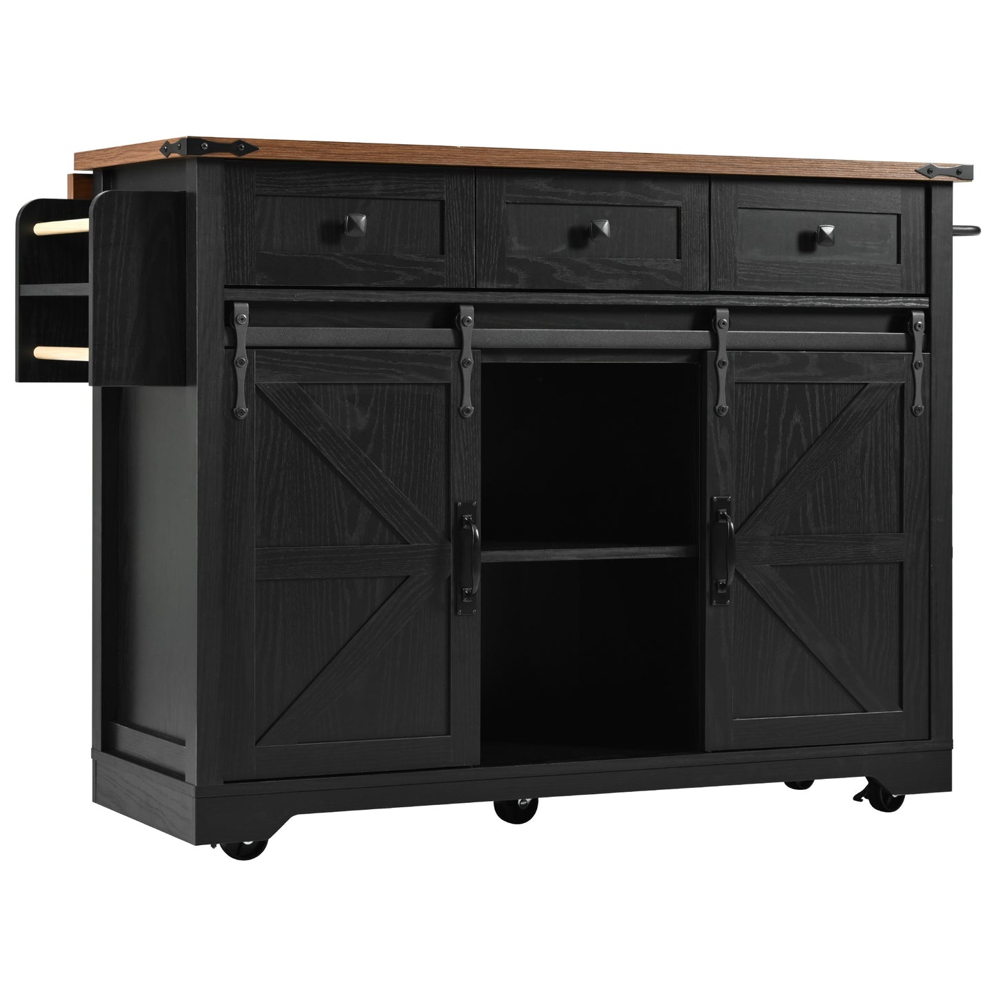 Black kitchen island with sliding barn doors and oak top featuring drawer storage