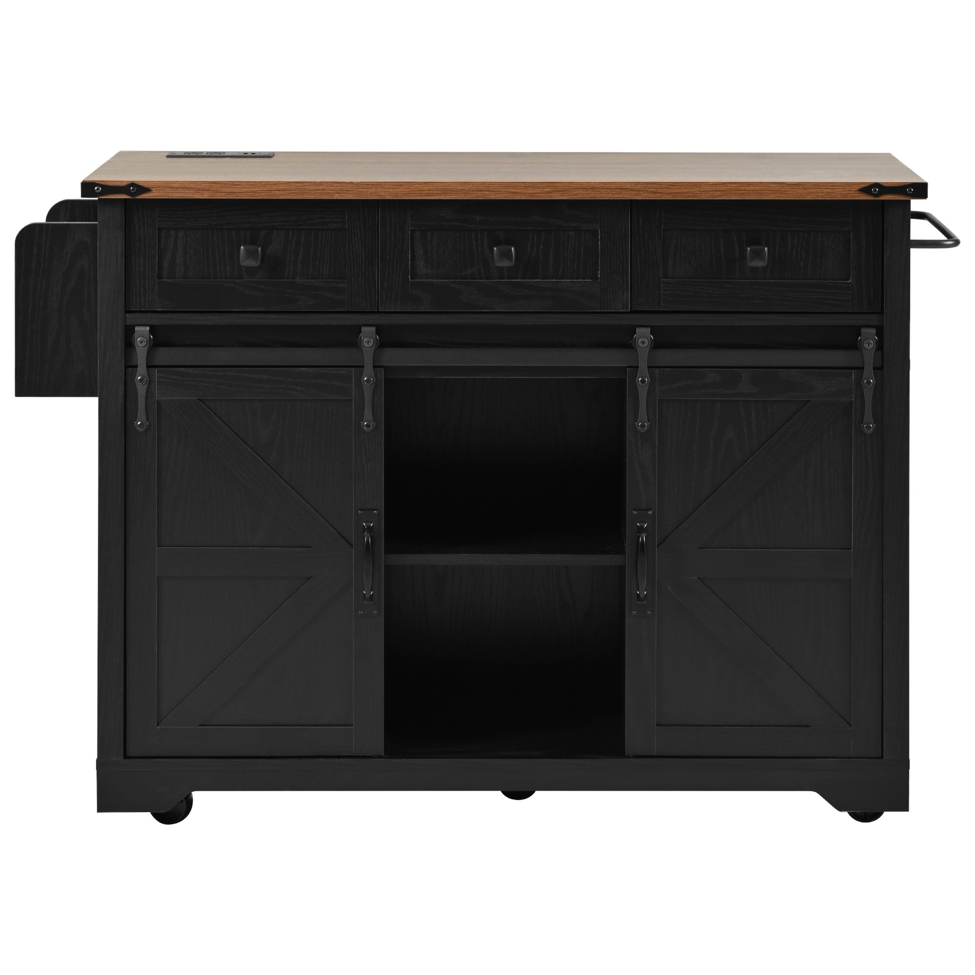 Black kitchen island with sliding barn doors and three drawers oak top
